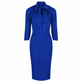 Royal Blue 3/4 Sleeve Tie Neck Bodycon Pencil Dress