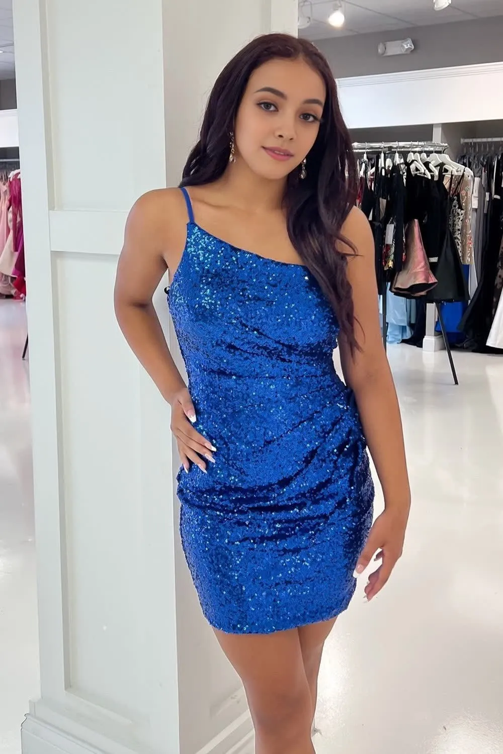 Royal Blue Glitter One Shoulder Tight Homecoming Dress