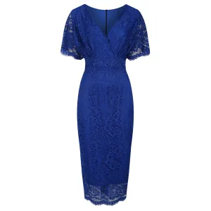 Royal Blue Vintage Lace Detail Bodycon Midi Pencil Dress