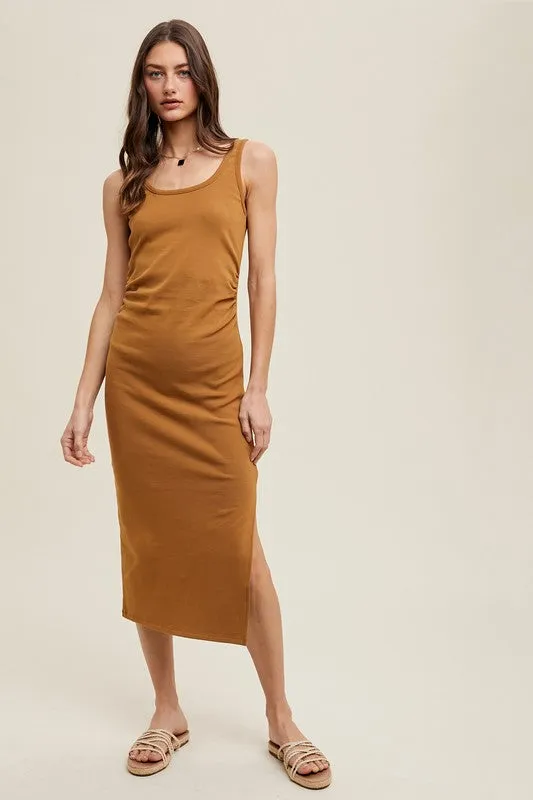 Ruched Side Detail Midi Dress- Camel