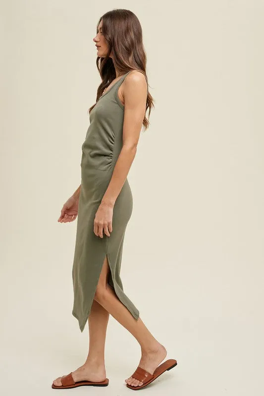 Ruched Side Knit Midi Dress - Olive