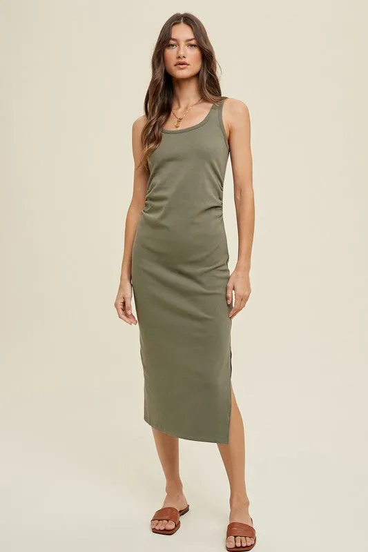 Ruched Side Knit Midi Dress - Olive