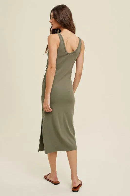 Ruched Side Knit Midi Dress - Olive