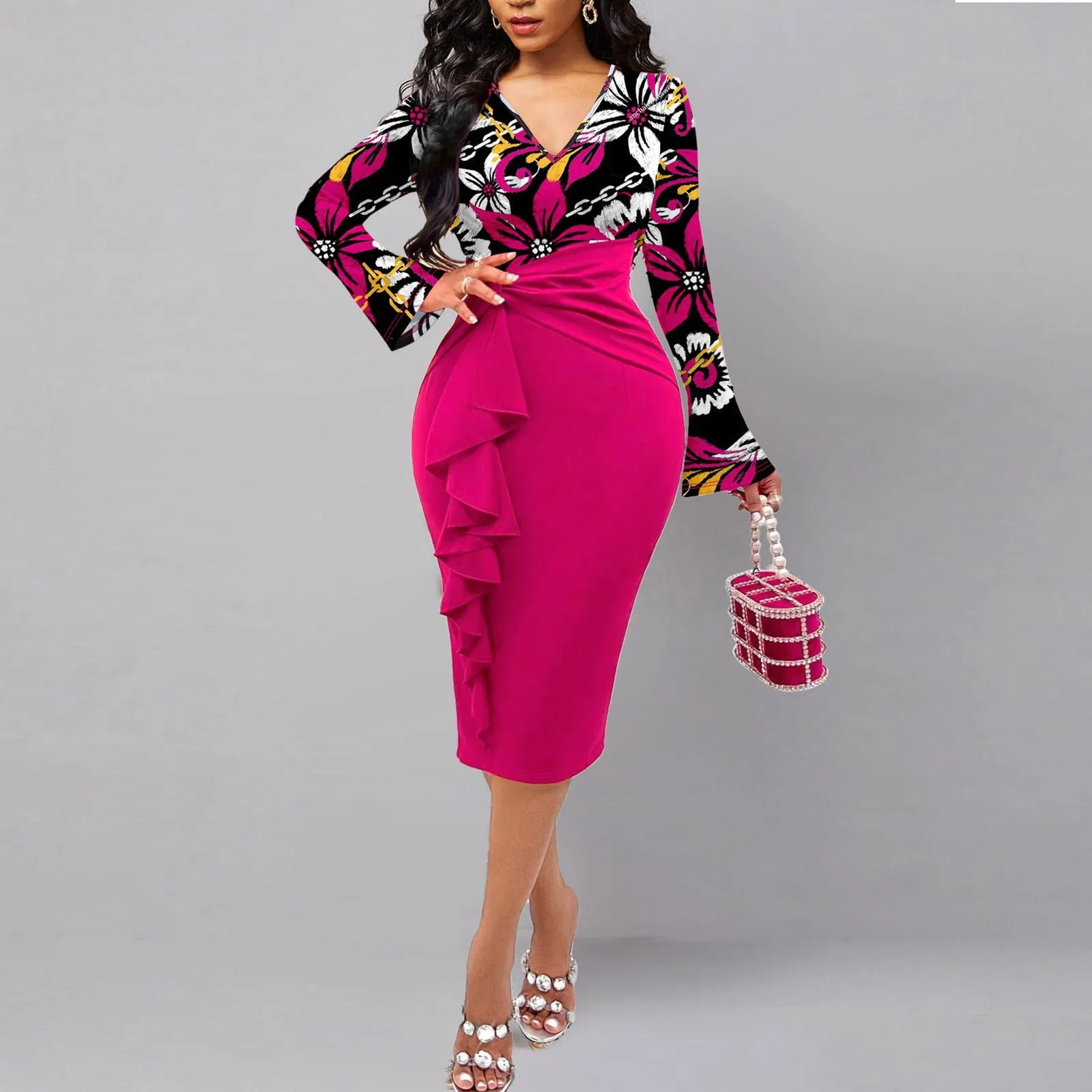 Ruffled V-Neck Floral Shirt & Fishtail Bodycon Dresses