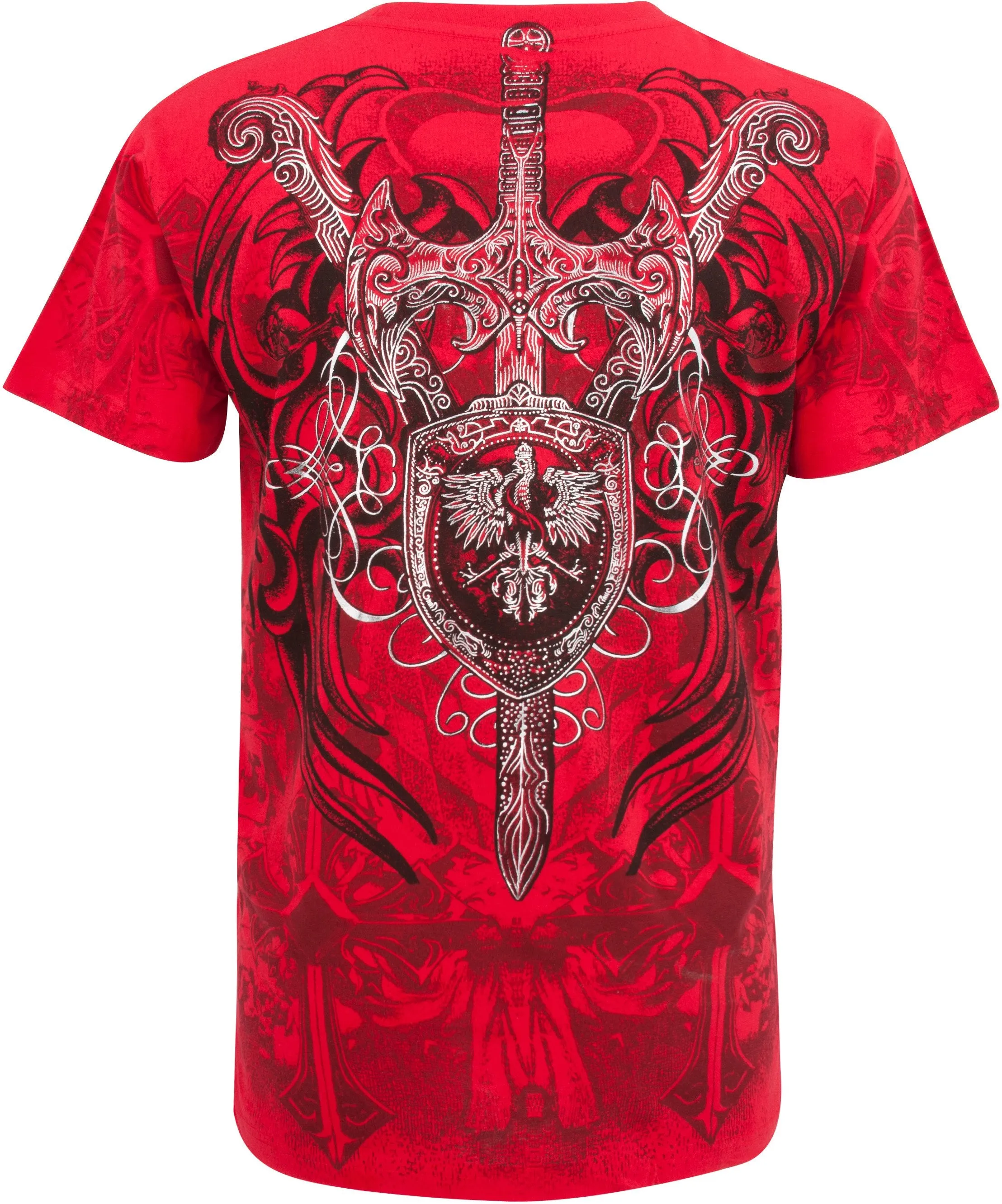 Sakkas Cross, Sword and Shield Metallic Silver Embossed Cotton Mens T-Shirt