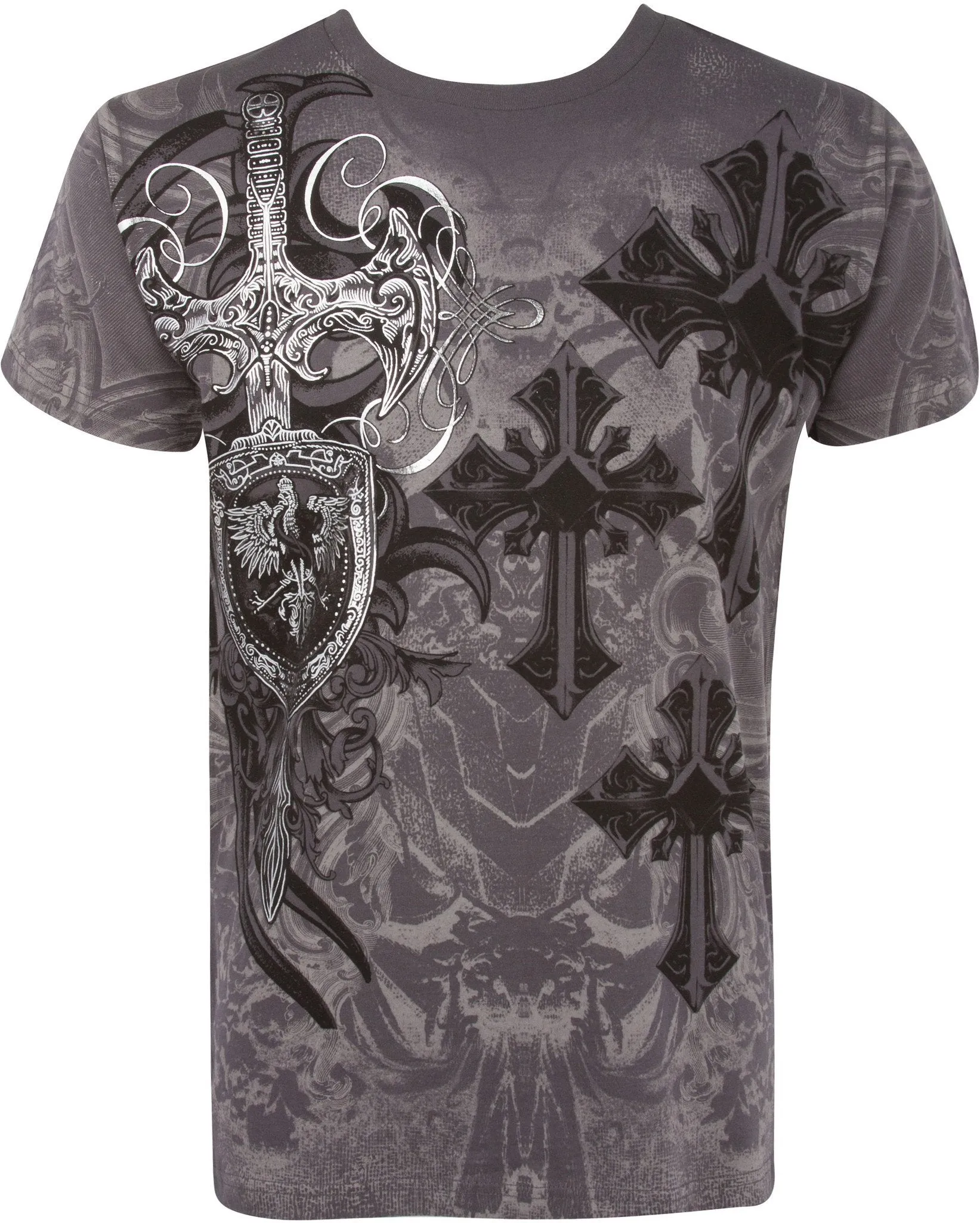 Sakkas Cross, Sword and Shield Metallic Silver Embossed Cotton Mens T-Shirt