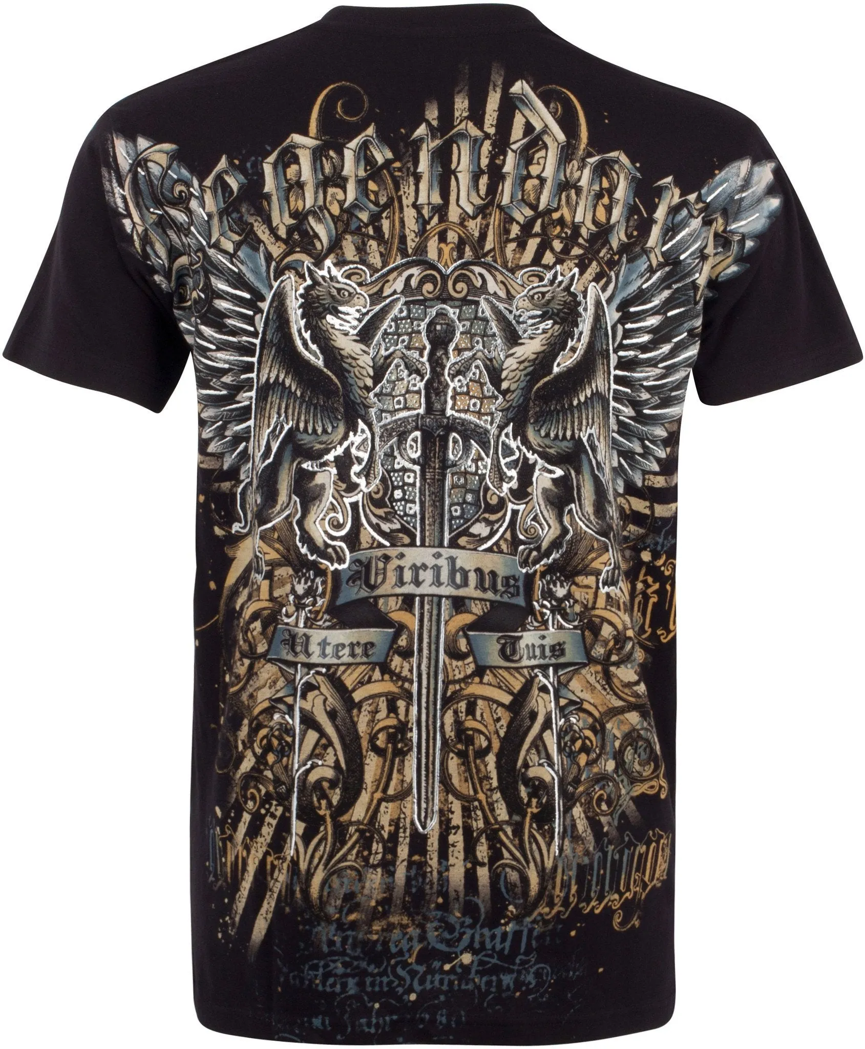 Sakkas Sword and Griffin Metallic Silver Embossed Cotton Mens Fashion T-shirt