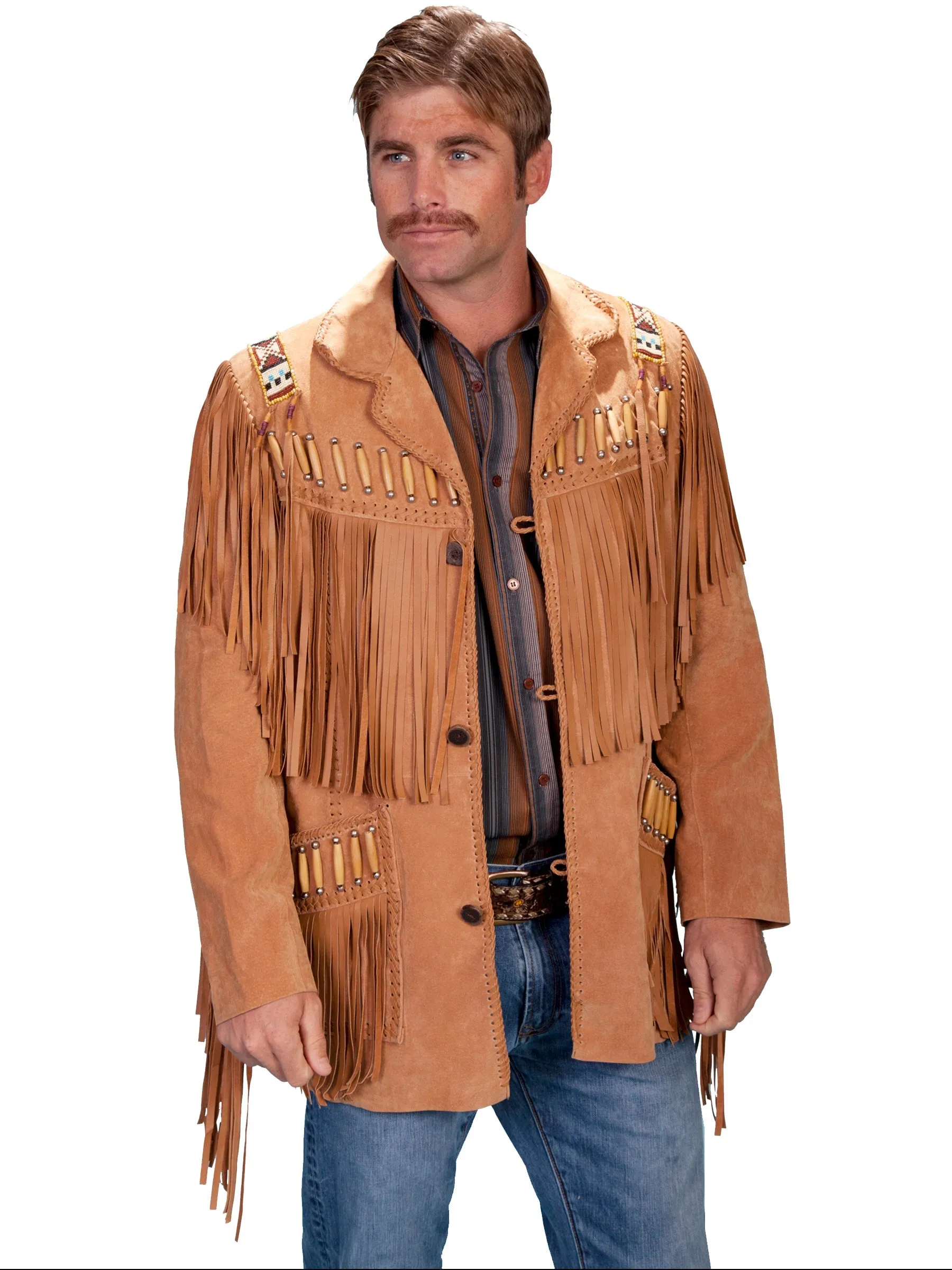 Scully Leather Mens Boar Suede Fringe Mountain Man Jacket Bourbon