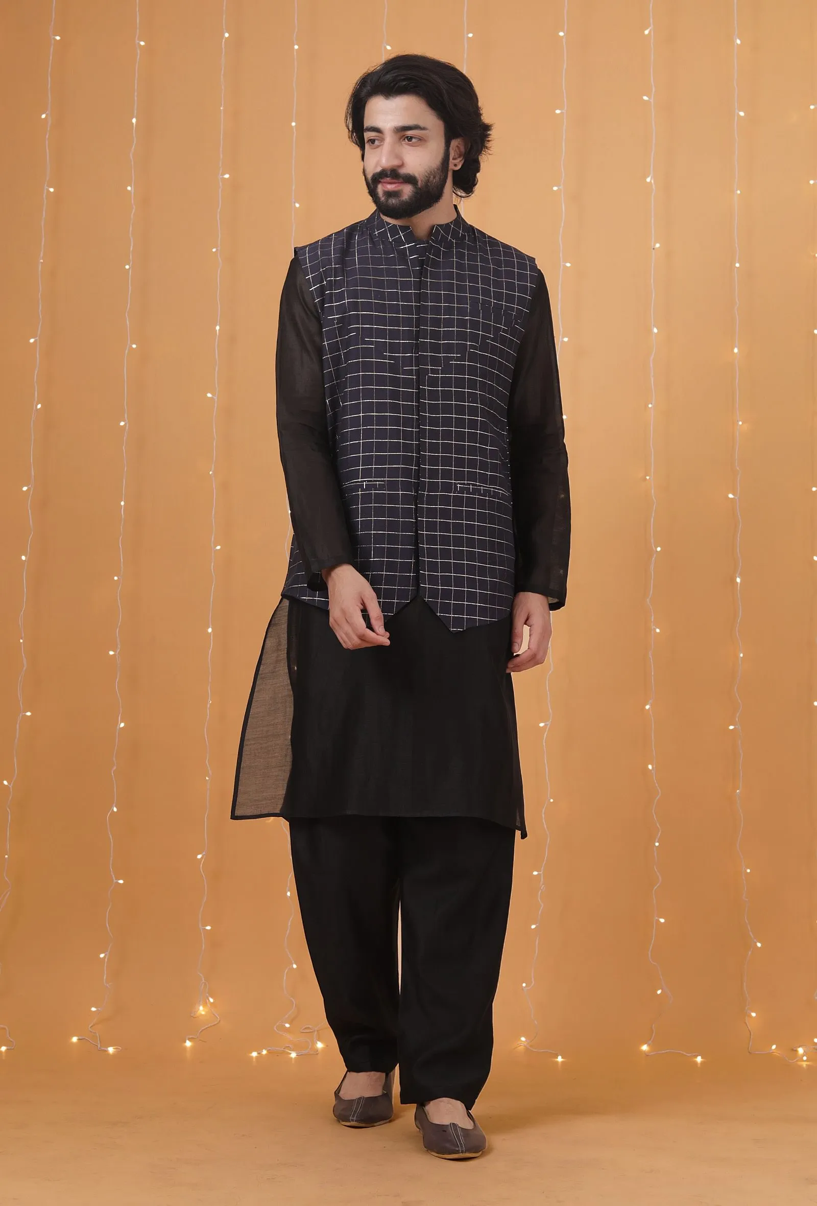 Set Of 3: Space Blue Checkered Chanderi Nehru Jacket, Black Kurta & Pajama