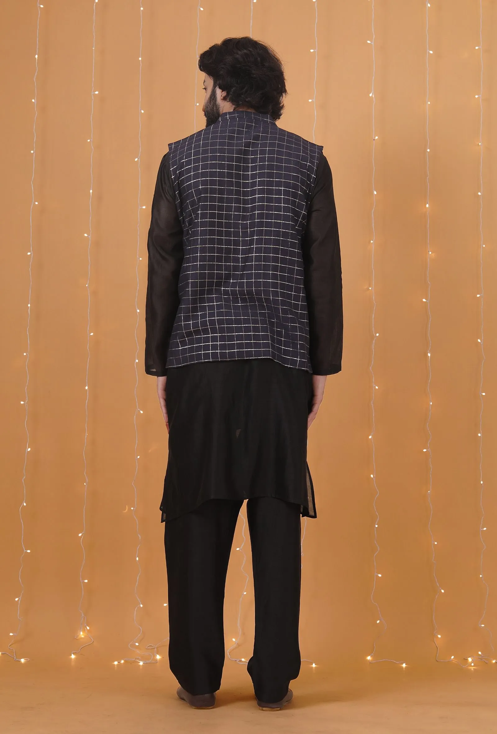 Set Of 3: Space Blue Checkered Chanderi Nehru Jacket, Black Kurta & Pajama