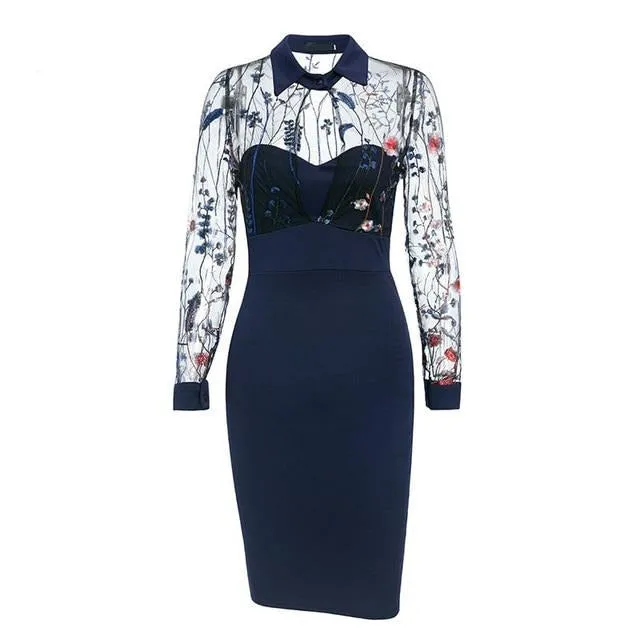 Sexy Embroidered Party Elegant Floral Print Bodycon Midi Long Sleeve Ladies Straight Club Dress