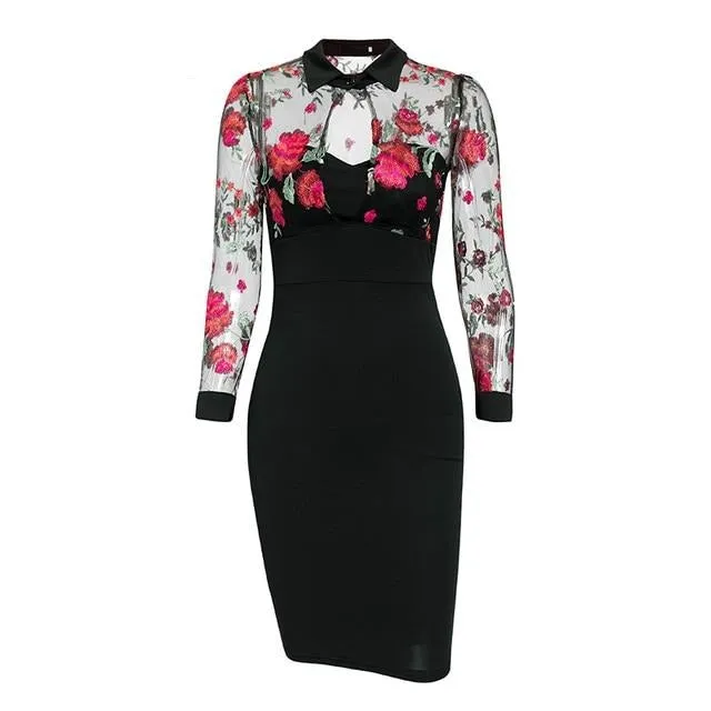 Sexy Embroidered Party Elegant Floral Print Bodycon Midi Long Sleeve Ladies Straight Club Dress