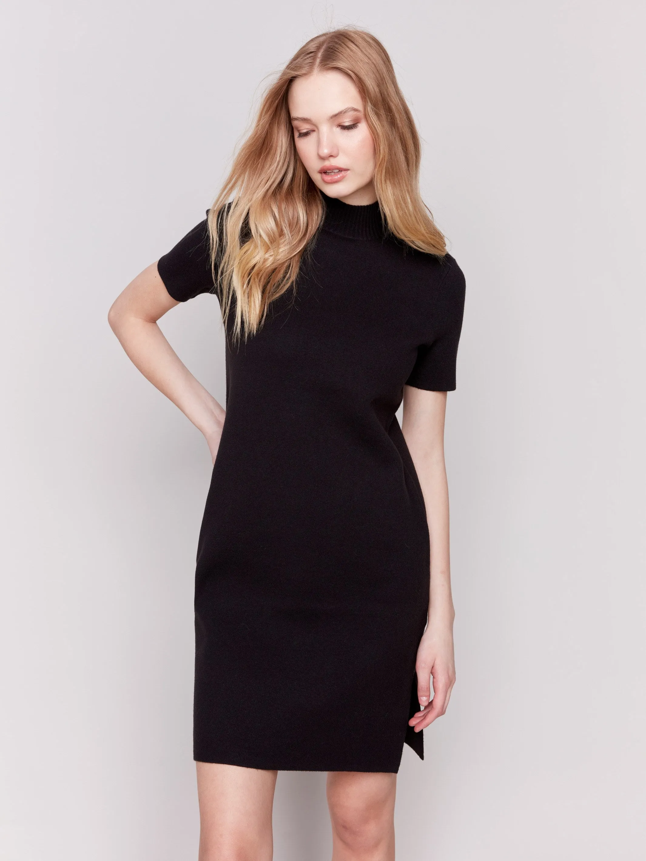 Short-Sleeve Mock Neck Sweater Dress - Black