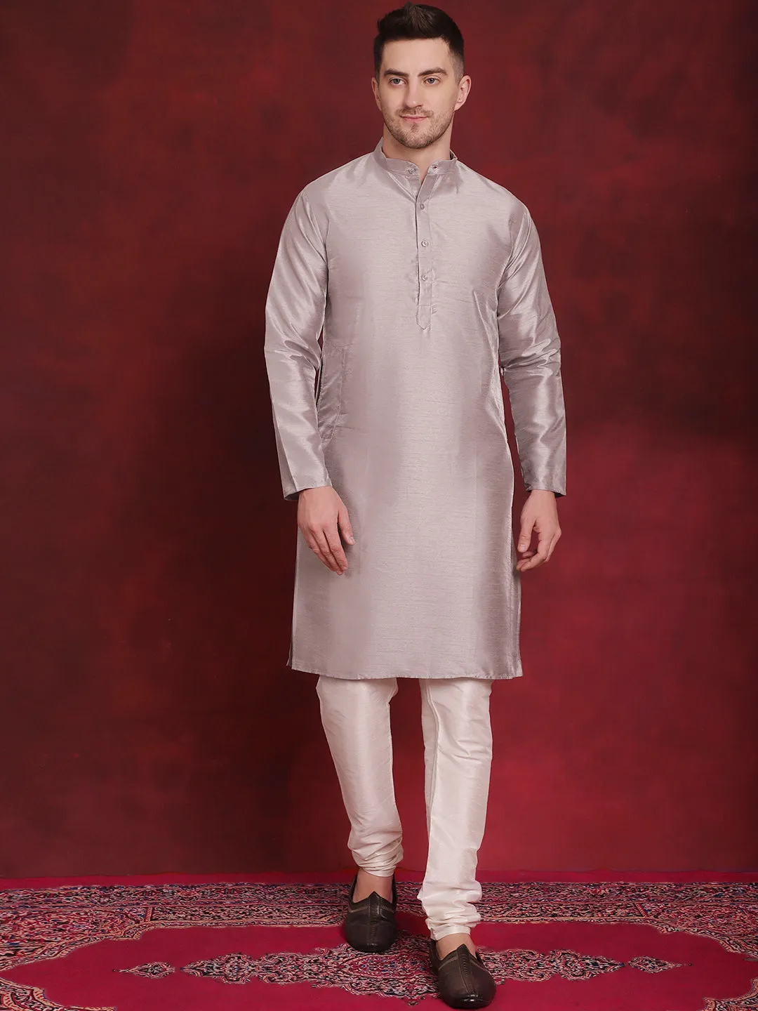 Silver Floral Printed Nehru Jacket With Kurta Pyjama Set