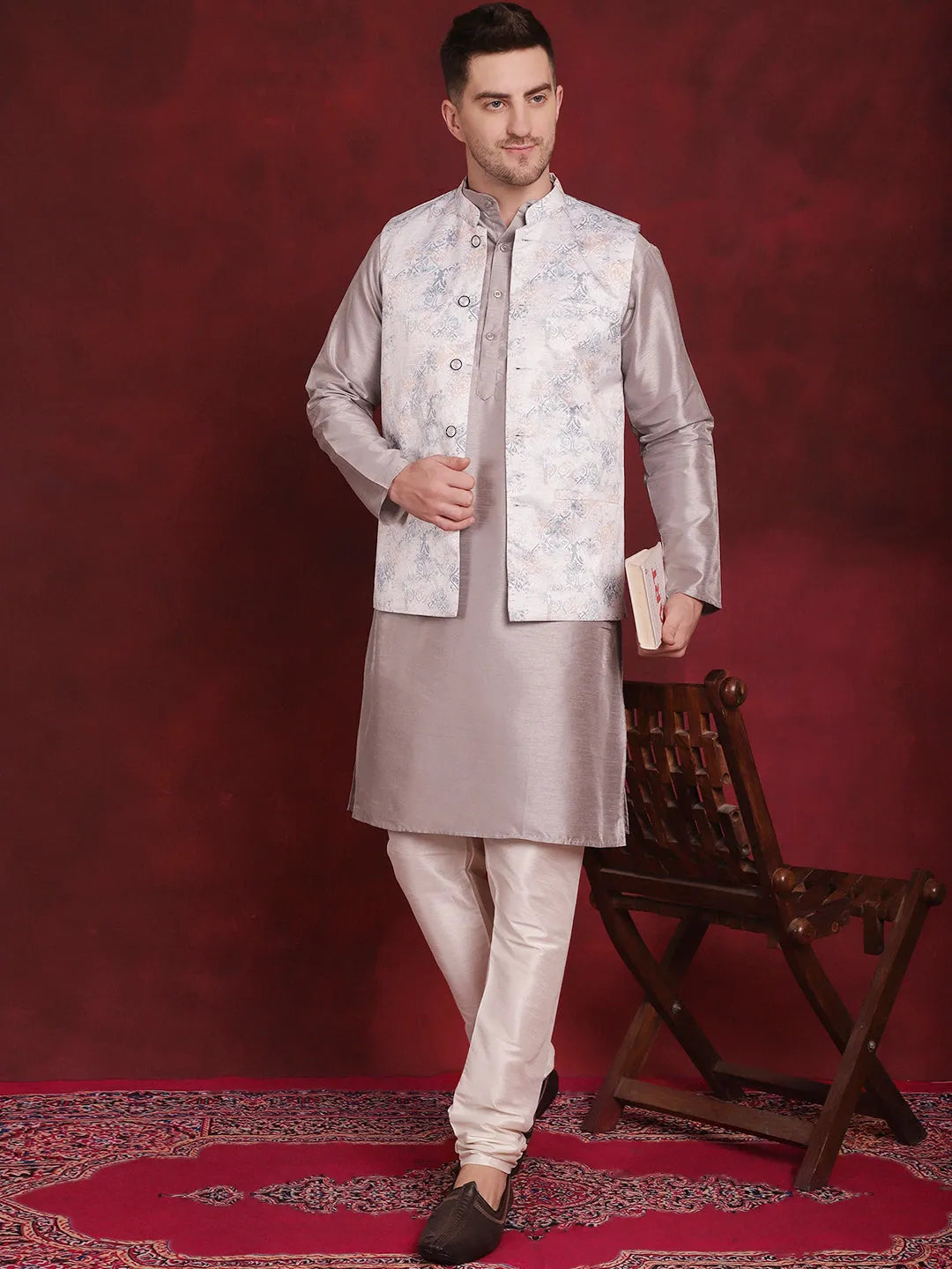 Silver Floral Printed Nehru Jacket With Kurta Pyjama Set