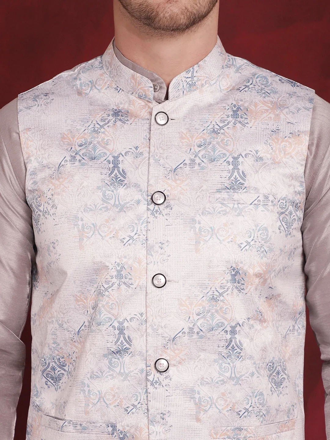 Silver Floral Printed Nehru Jacket With Kurta Pyjama Set