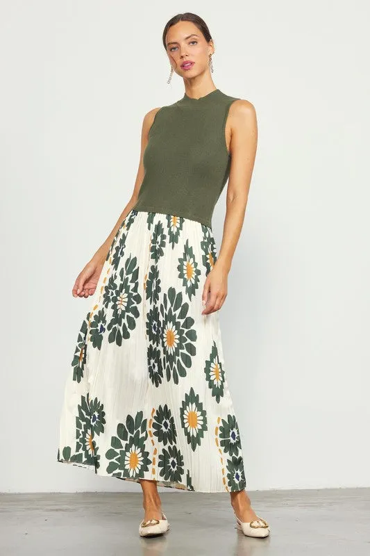 Sleeveless Pleated Maxi Dress - Olive