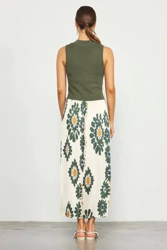 Sleeveless Pleated Maxi Dress - Olive