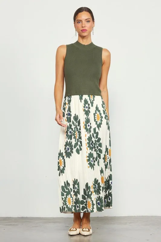 Sleeveless Pleated Maxi Dress - Olive