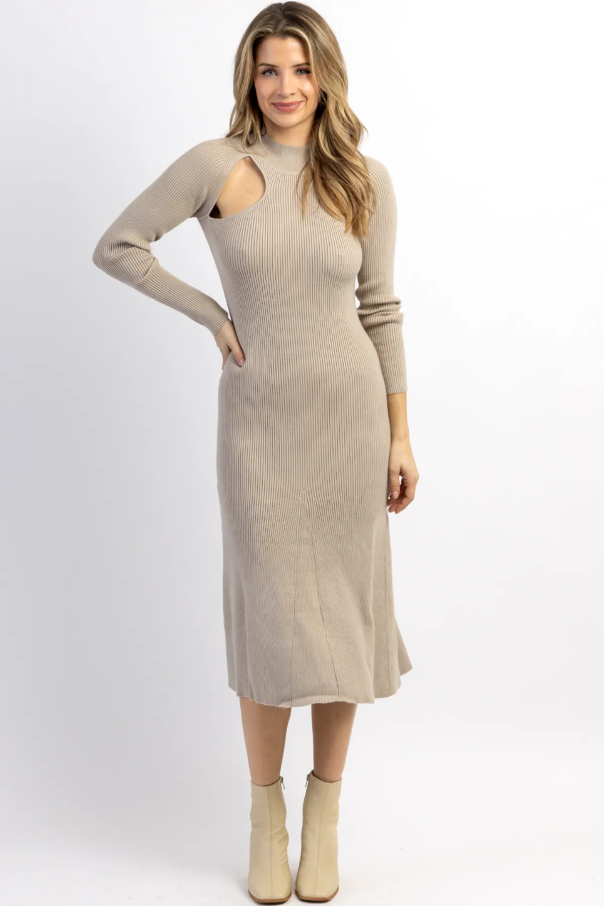 SMOKEY TAUPE CUTOUT KNIT MIDI DRESS