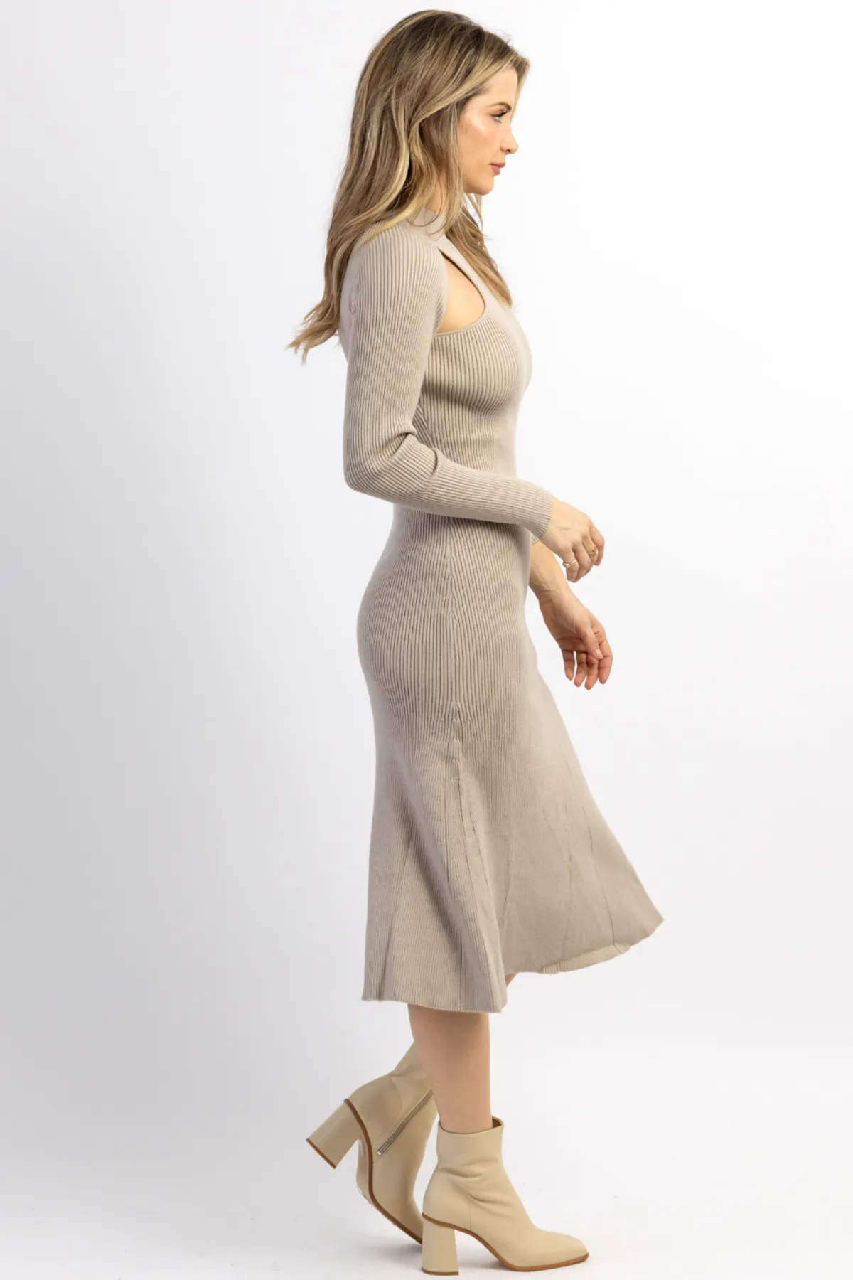 SMOKEY TAUPE CUTOUT KNIT MIDI DRESS