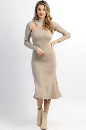 SMOKEY TAUPE CUTOUT KNIT MIDI DRESS