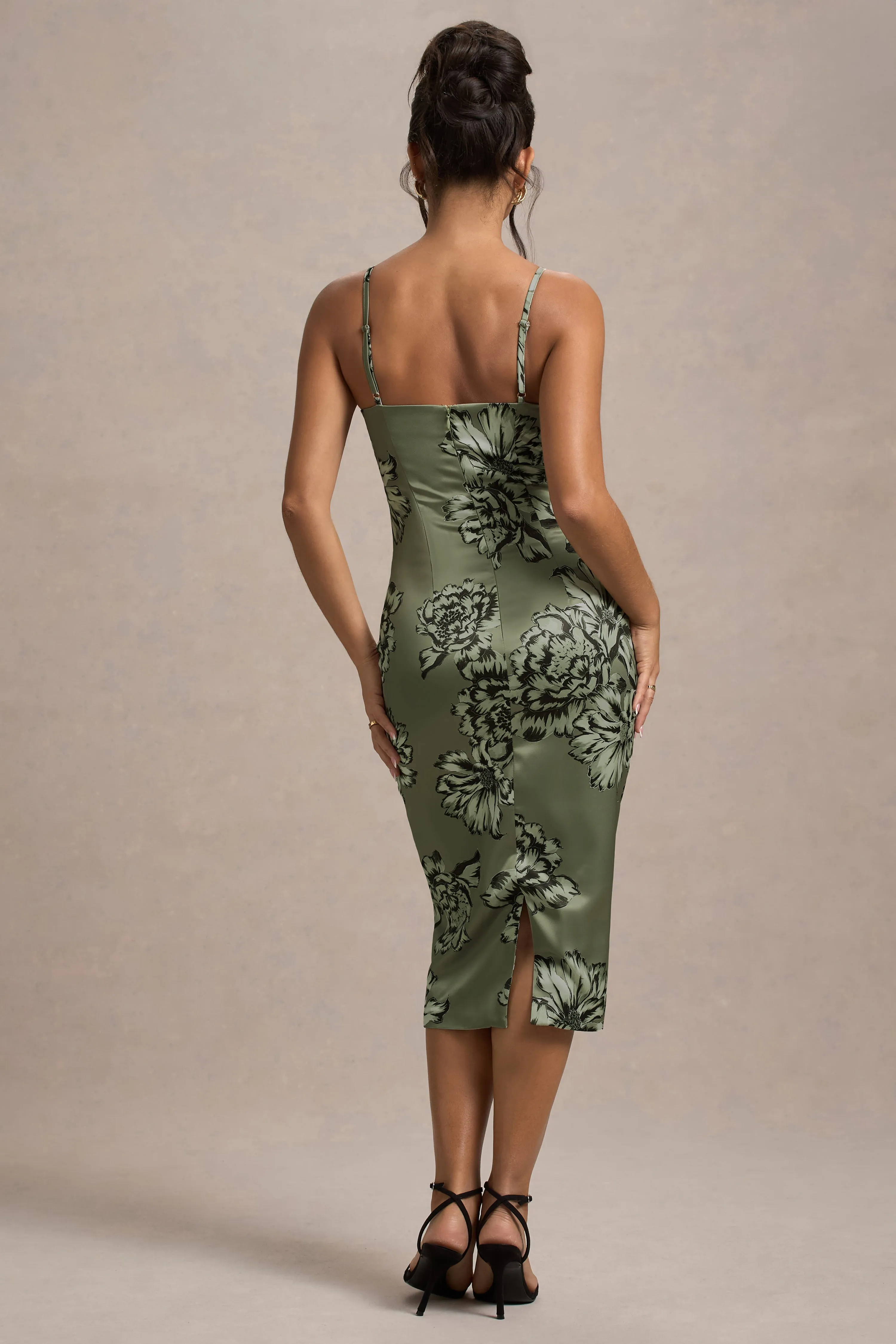 Soprano | Olive Floral Print Satin Sweetheart Lace Trim Midi Dress