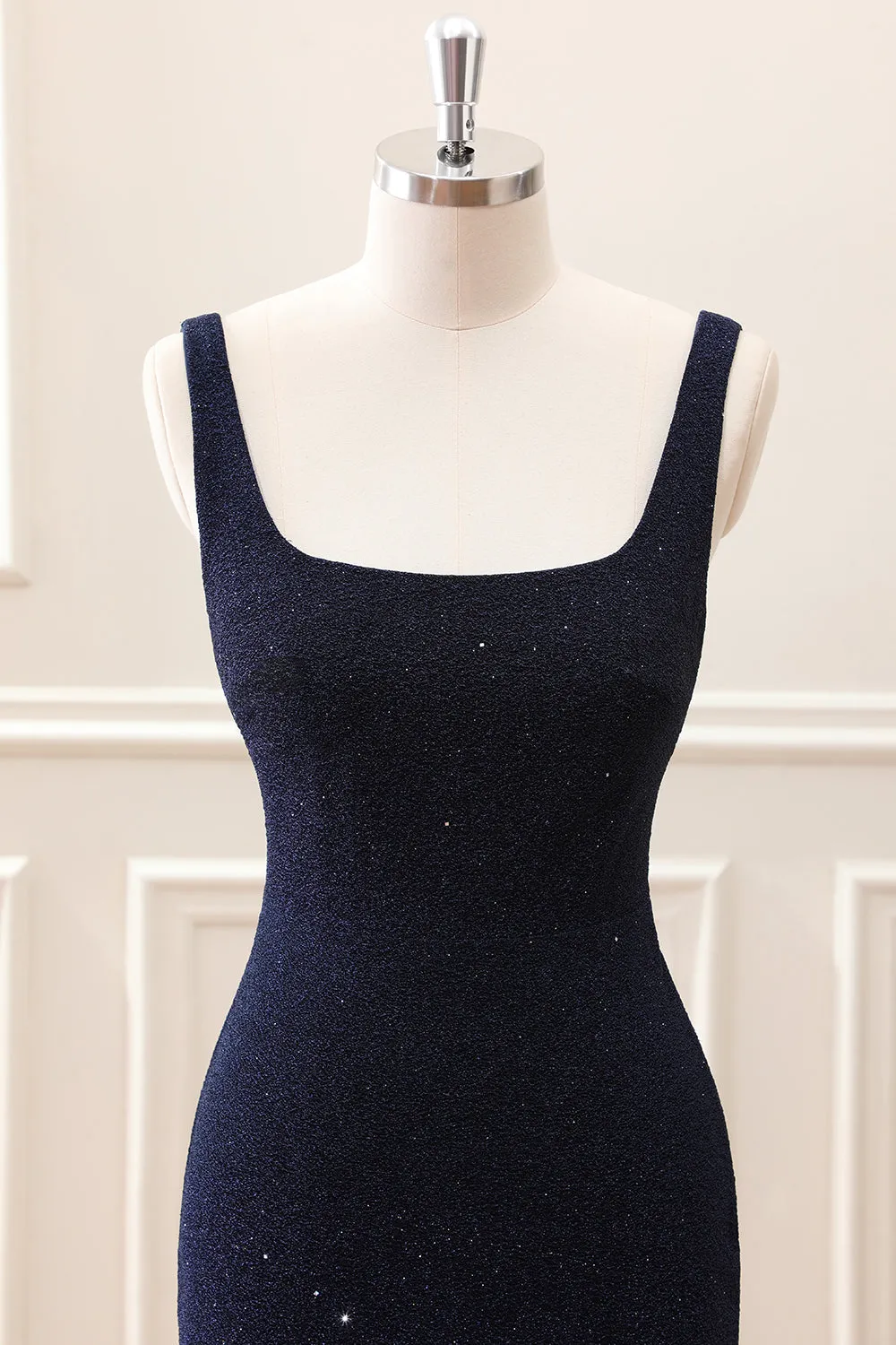 Sparkly Dark Blue Square Neck Bodycon Mini Dress With Slit