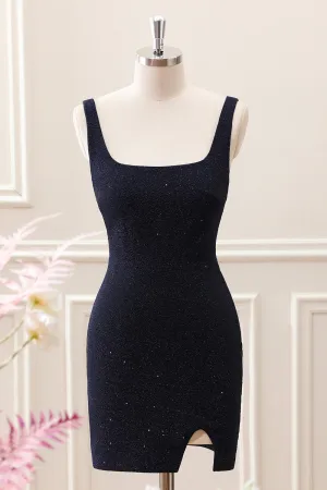 Sparkly Dark Blue Square Neck Bodycon Mini Dress With Slit