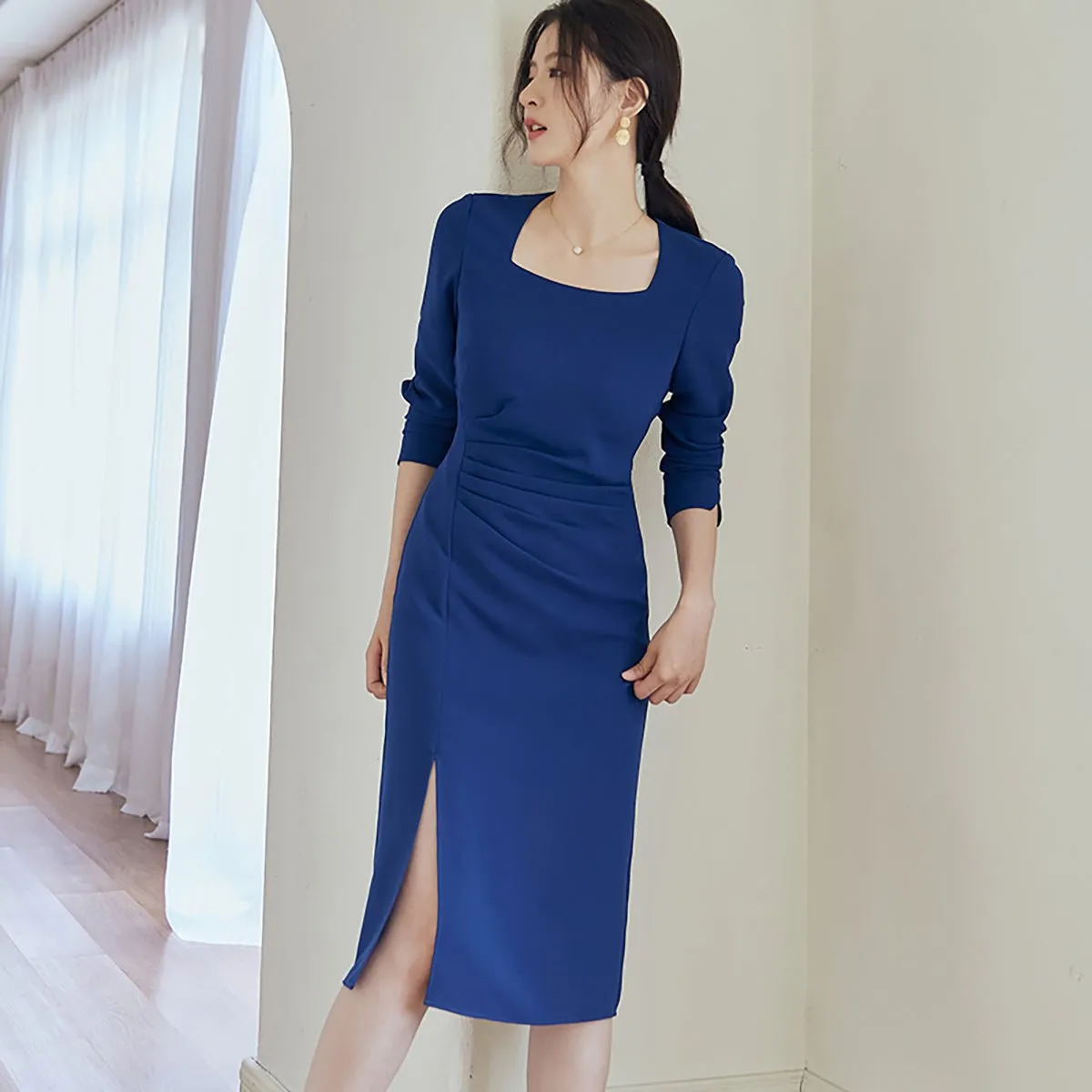 Square Neck Blue Bodycon Dress