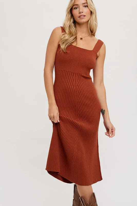 Square Neck, Midi Dress - Terracotta