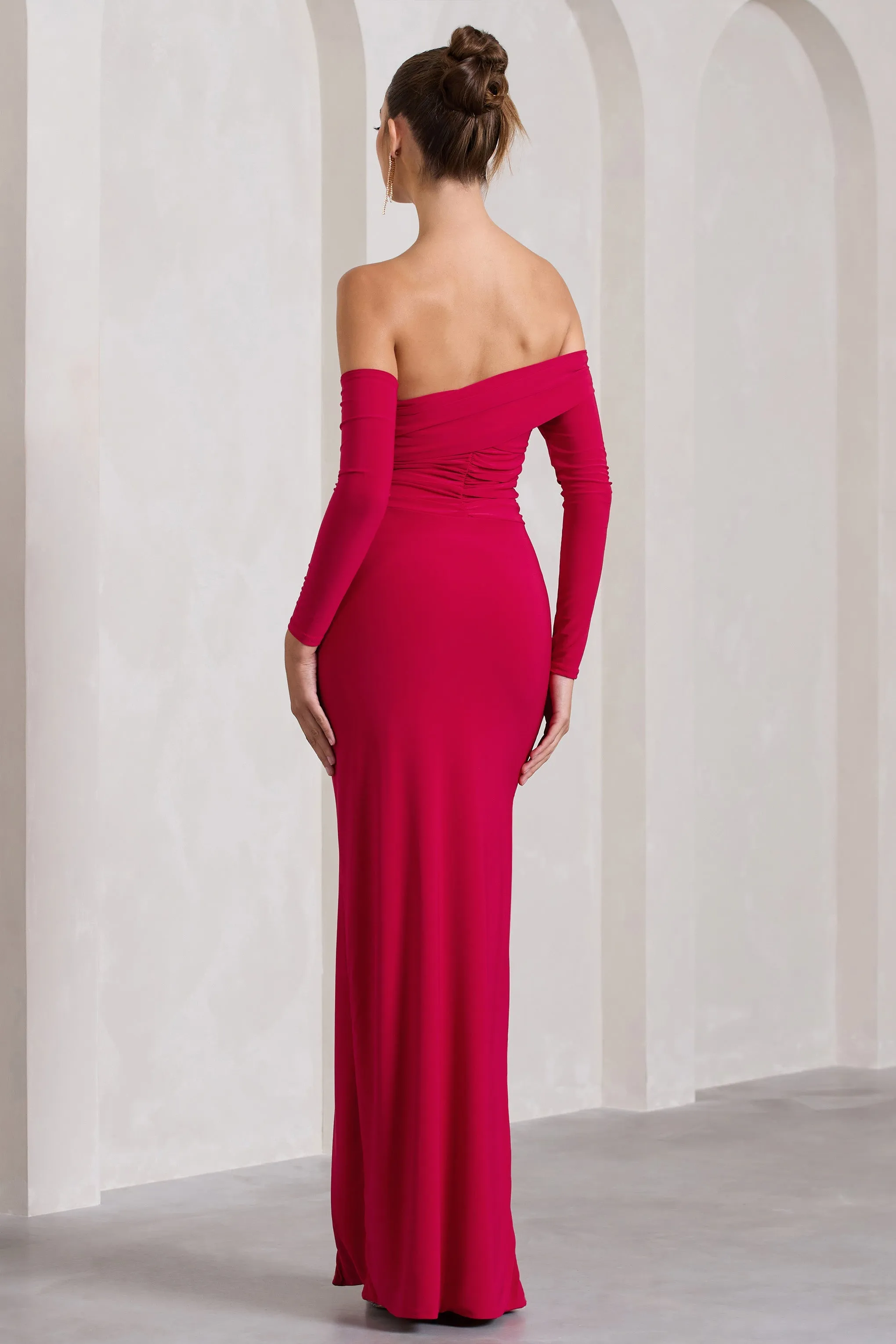 Stand Out | Red Bardot Ruched Maxi With Sleeves And Side Split