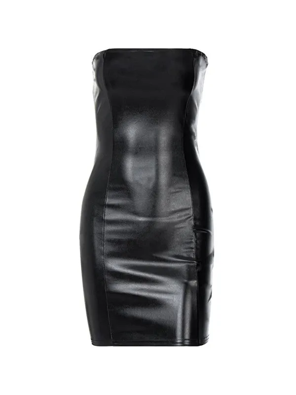 Strapless Black Faux Leather Mini Dress