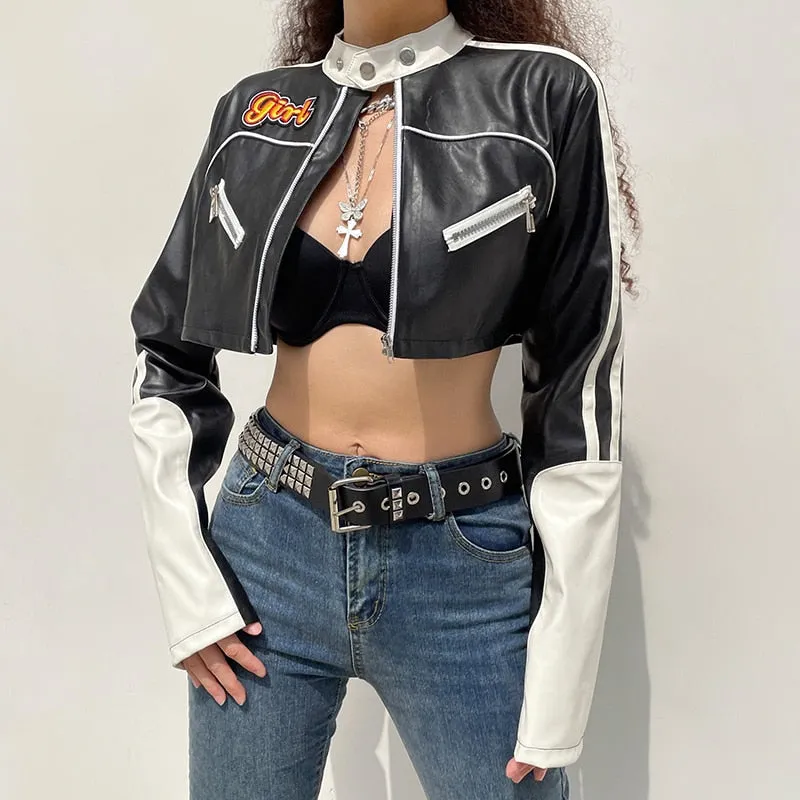 Streetwear Punk Style Patchwork Cropped PU Leather Jacket Women Zipper Autumn Winter Jacket Contrast Color Basic Coat