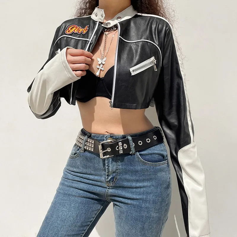 Streetwear Punk Style Patchwork Cropped PU Leather Jacket Women Zipper Autumn Winter Jacket Contrast Color Basic Coat