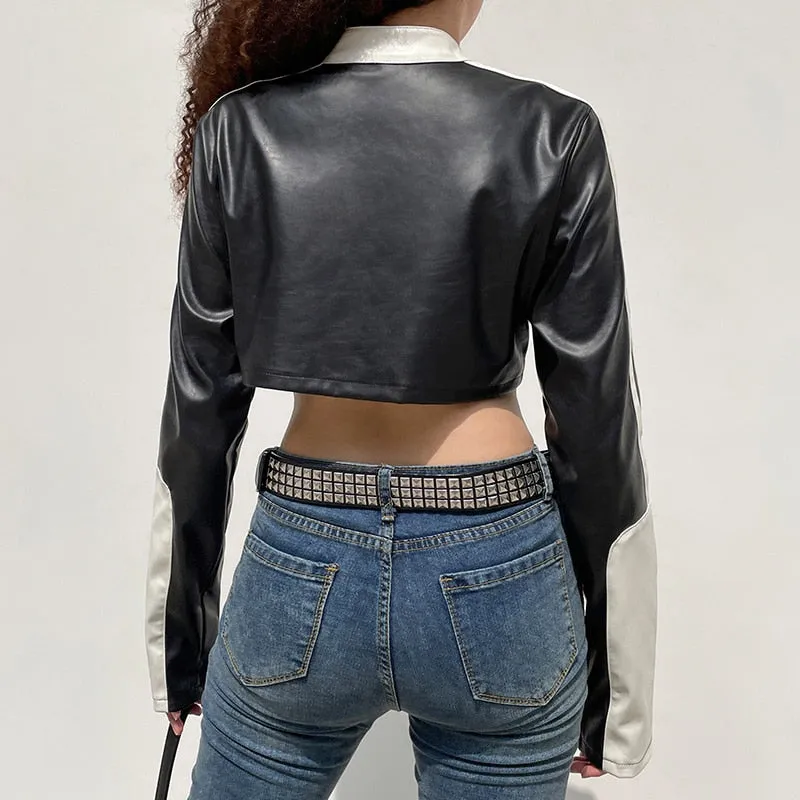 Streetwear Punk Style Patchwork Cropped PU Leather Jacket Women Zipper Autumn Winter Jacket Contrast Color Basic Coat