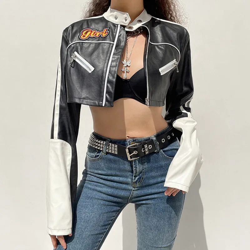 Streetwear Punk Style Patchwork Cropped PU Leather Jacket Women Zipper Autumn Winter Jacket Contrast Color Basic Coat