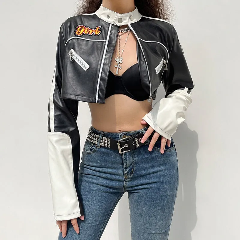 Streetwear Punk Style Patchwork Cropped PU Leather Jacket Women Zipper Autumn Winter Jacket Contrast Color Basic Coat