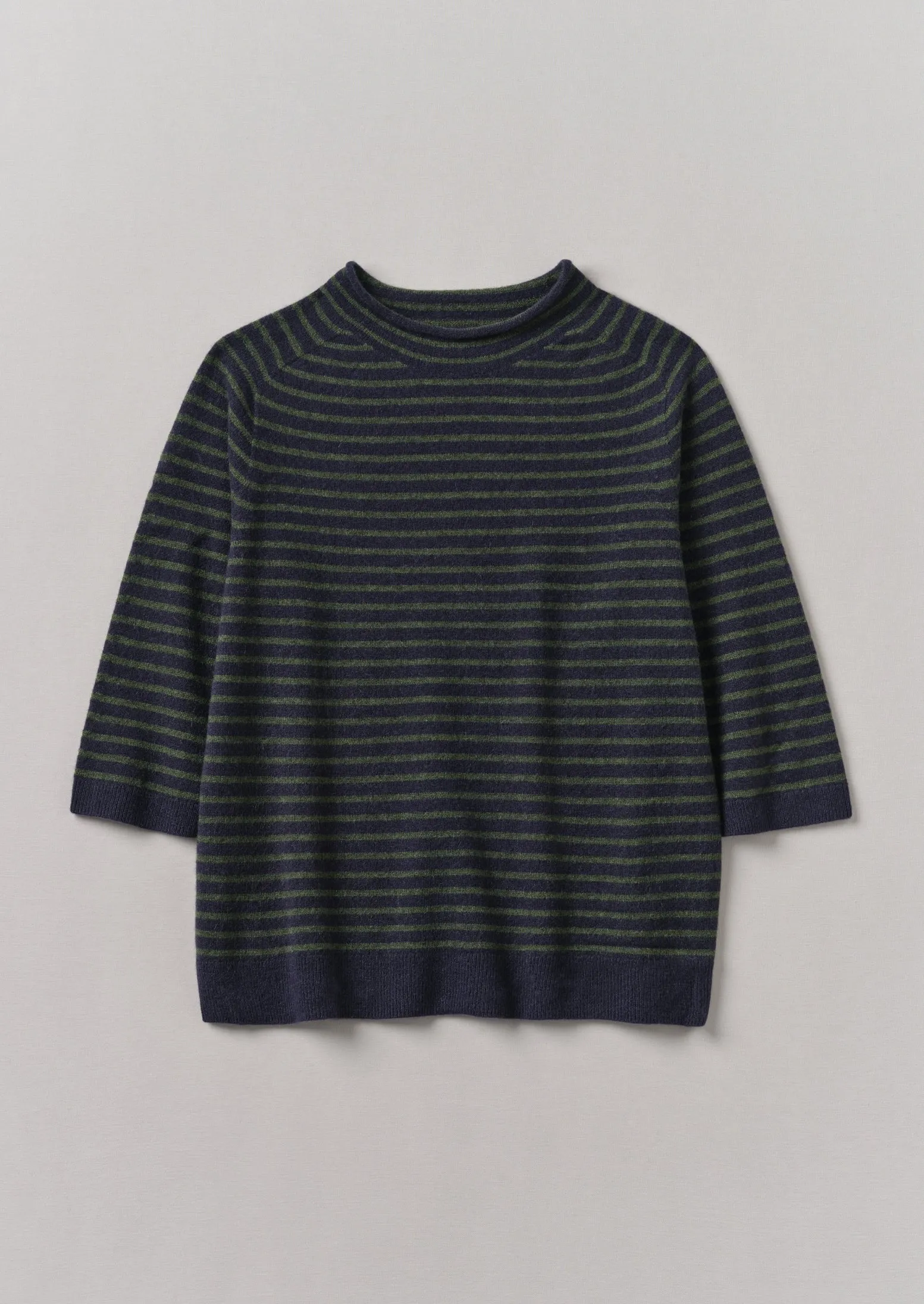 Stripe Wool Cashmere Half Sleeve Sweater | Dark Navy/Olive