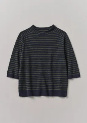 Stripe Wool Cashmere Half Sleeve Sweater | Dark Navy/Olive