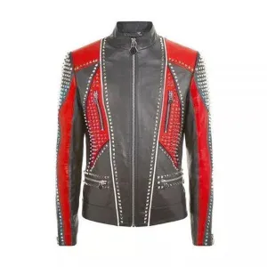 Studded Punk Men's Leather Fashion Jacket in Red