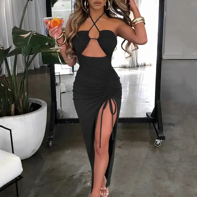 Summer Black Sexy Dress For Women Sleeveless Backless Hollow Out Party Dress Fashion Lace-up Halter Bodycon Elegant Split Dress