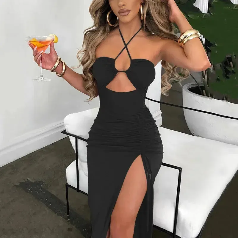 Summer Black Sexy Dress For Women Sleeveless Backless Hollow Out Party Dress Fashion Lace-up Halter Bodycon Elegant Split Dress