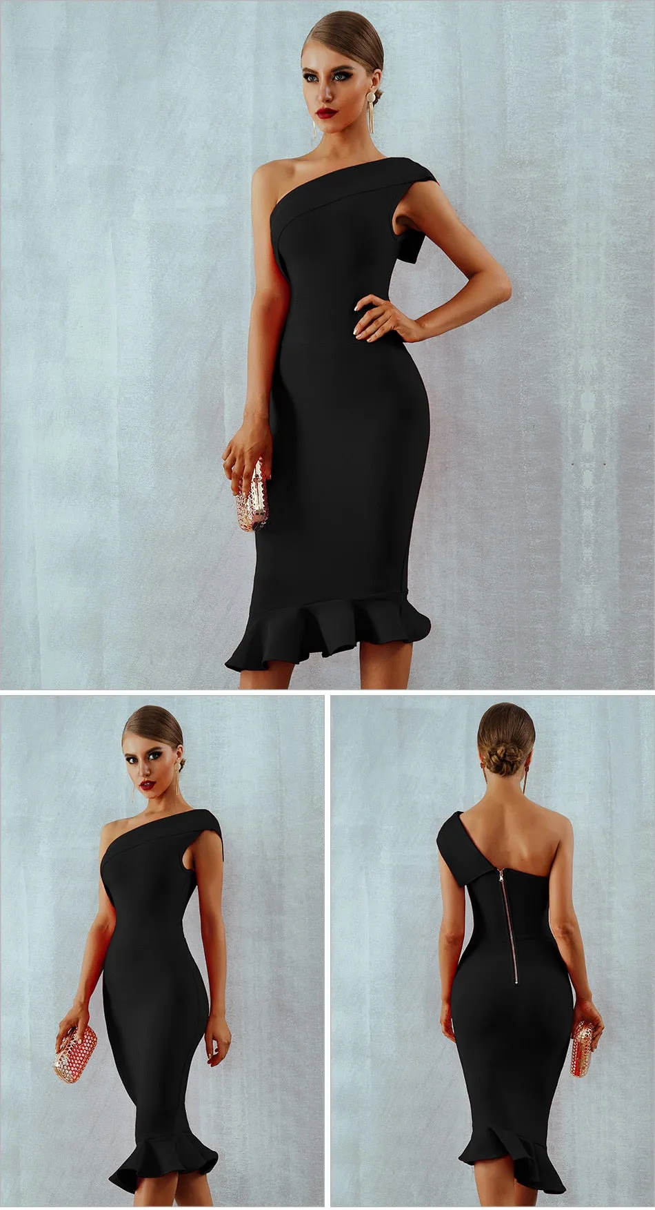 Summer Ladies Bandage One Shoulder Sleeveless Ruffles Nightclub Dress Celebrity Evening Party Dress