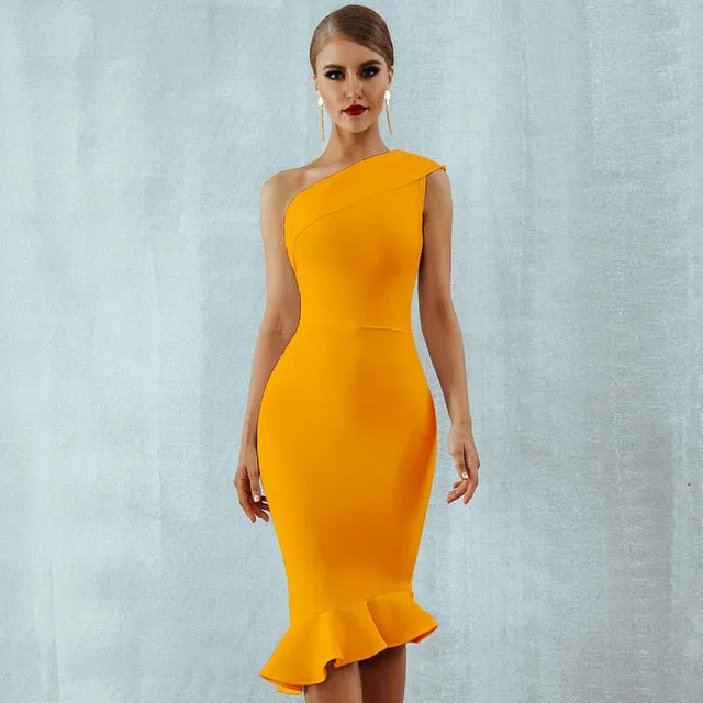 Summer Ladies Bandage One Shoulder Sleeveless Ruffles Nightclub Dress Celebrity Evening Party Dress