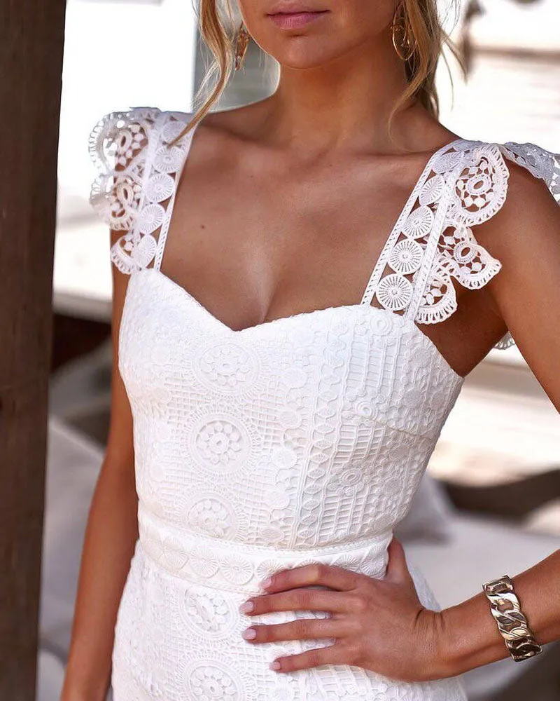 Summer Women White Lace Party Dress Spaghetti Strap Elegant Lady Sleeveless Backless Bodycon Dress