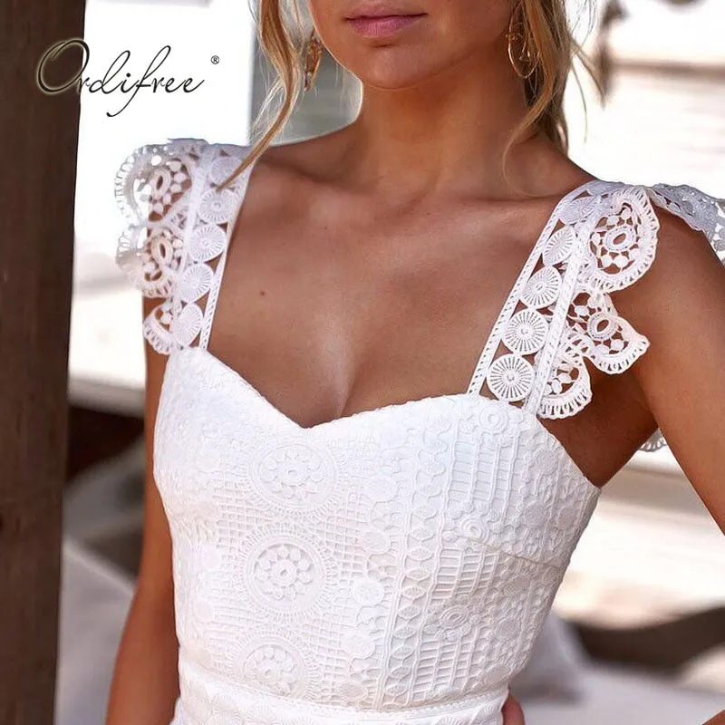 Summer Women White Lace Party Dress Spaghetti Strap Elegant Lady Sleeveless Backless Bodycon Dress