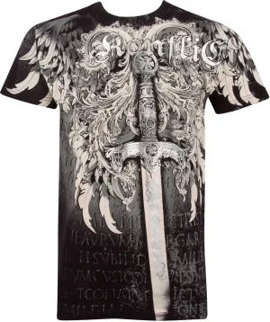 Sword Metallic Silver Embossed Short Sleeve Crew Neck Cotton Mens Fashion T-Shirt