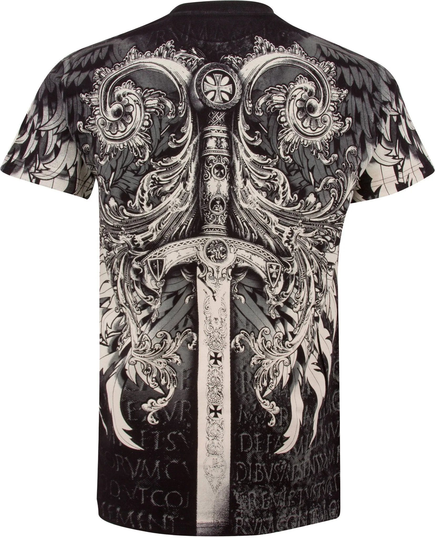 Sword Metallic Silver Embossed Short Sleeve Crew Neck Cotton Mens Fashion T-Shirt