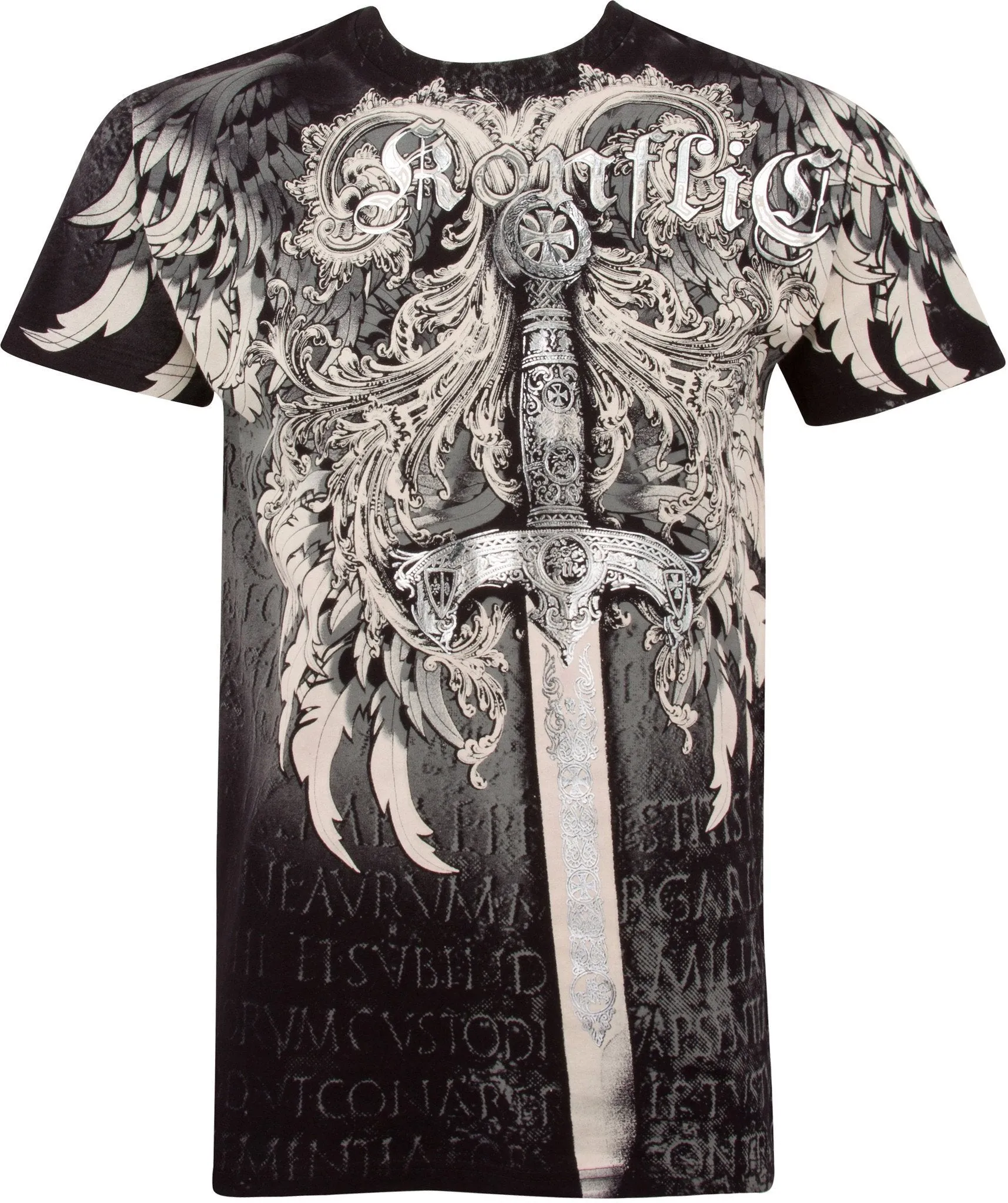 Sword Metallic Silver Embossed Short Sleeve Crew Neck Cotton Mens Fashion T-Shirt